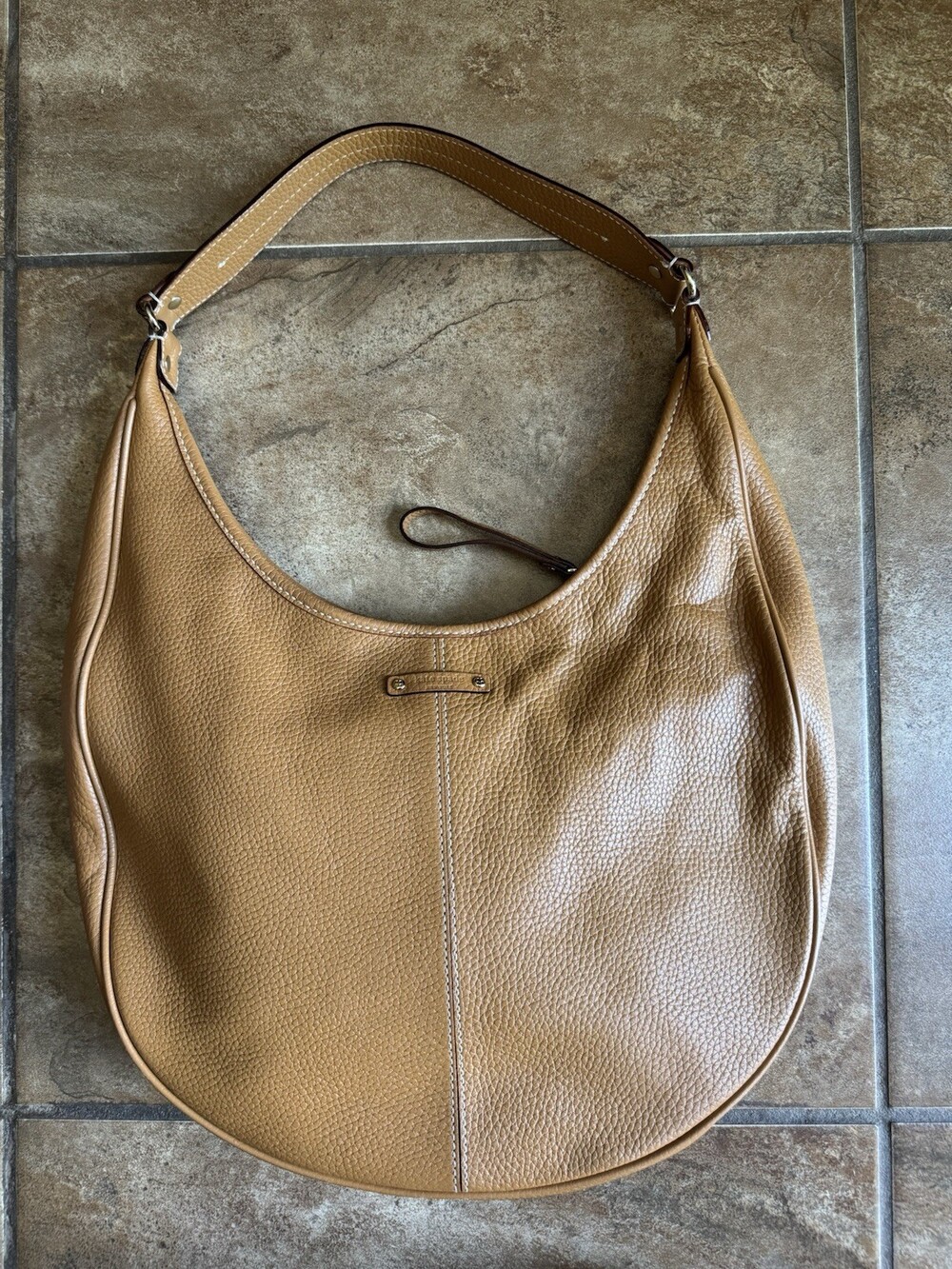 Kate Spade New York Tan Pebbled Hobo Shoulder Bag Zip Closure Gold Hardware